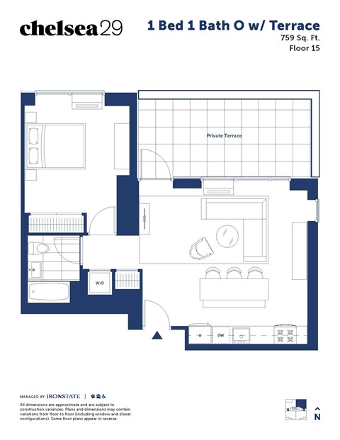A floor plan for a 1 Bed 1 Bath apartment.